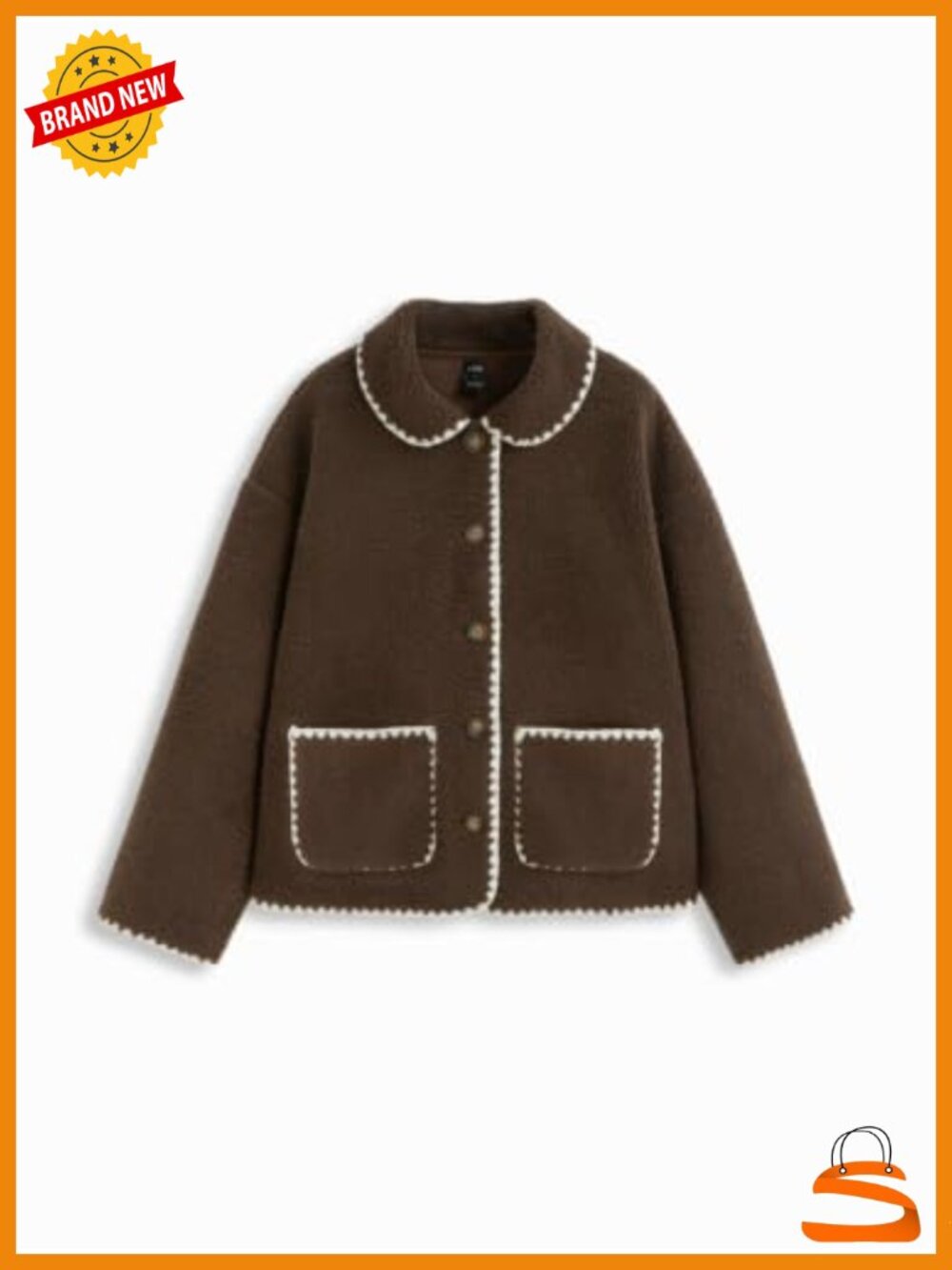 Sherpa Fleece Jacket Button Down Collar Whipstitch Trim Patch Pockets